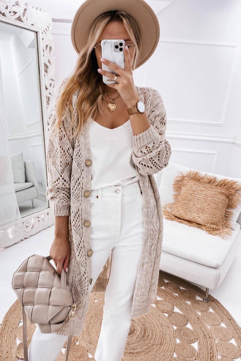 Khaki Hollow-out Openwork Knit Cardigan.