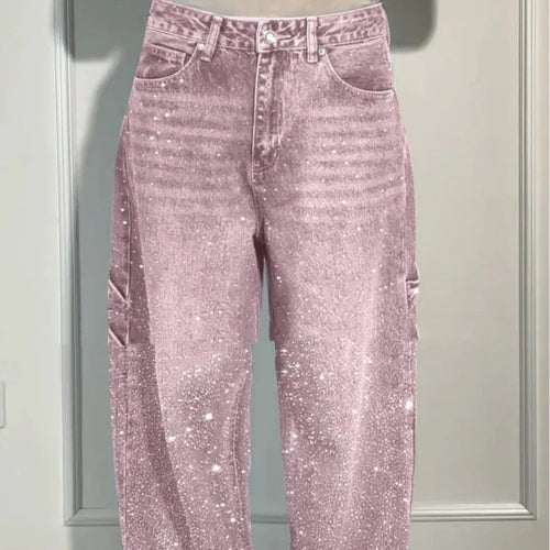 Shiny Straight-Leg Glitter Jeans with Pockets – Wide Leg Pants for