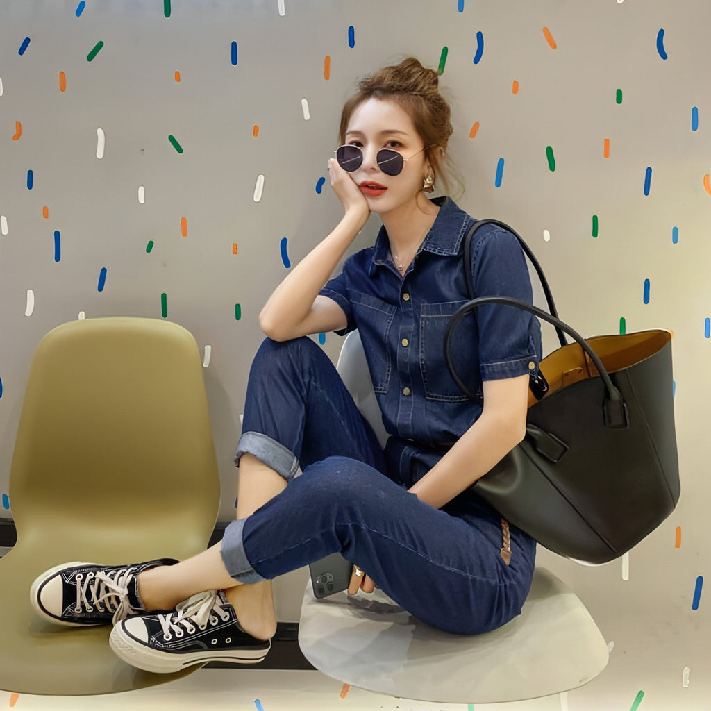 Summer New Short-sleeved Jumpsuit Overall Jeans Clothes Women's