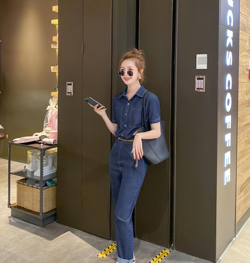 Summer New Short-sleeved Jumpsuit Overall Jeans Clothes Women's