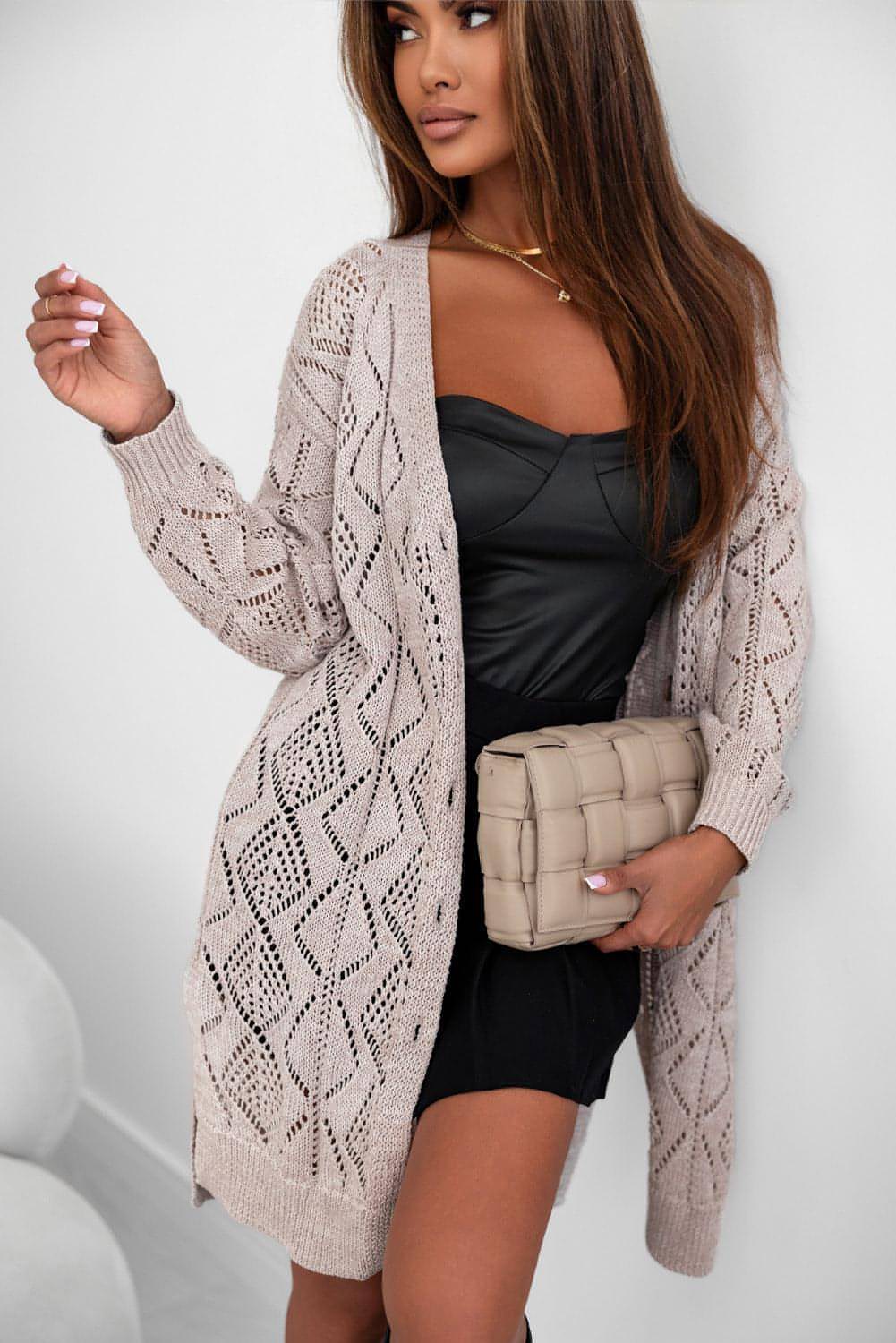 Khaki Hollow-out Openwork Knit Cardigan.