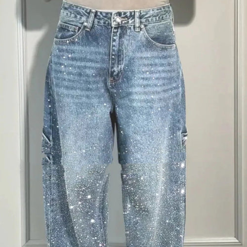 Shiny Straight-Leg Glitter Jeans with Pockets – Wide Leg Pants for