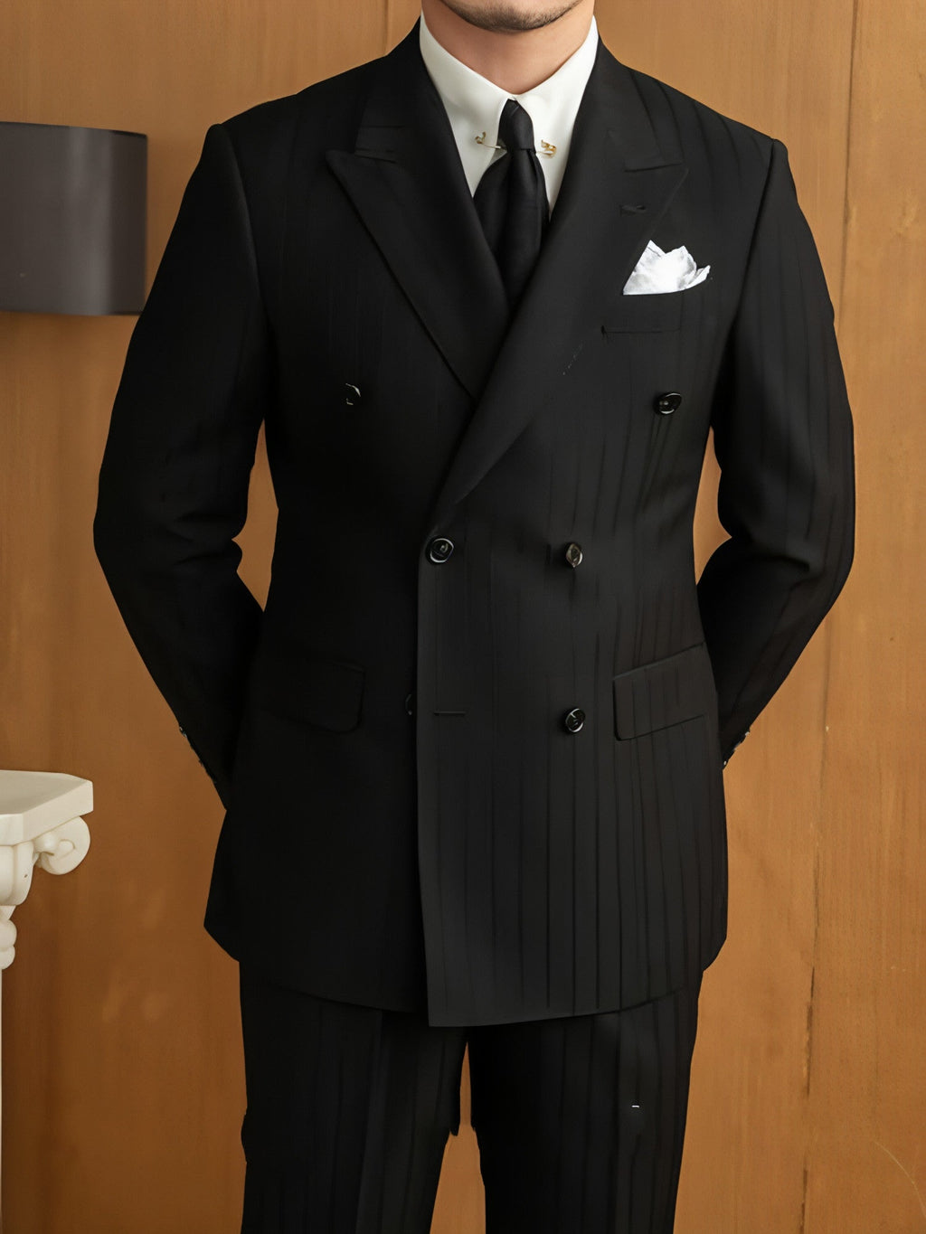 VestraForm™ – Handsome Black Double-Breasted Pinstripe Suit (2 Piece