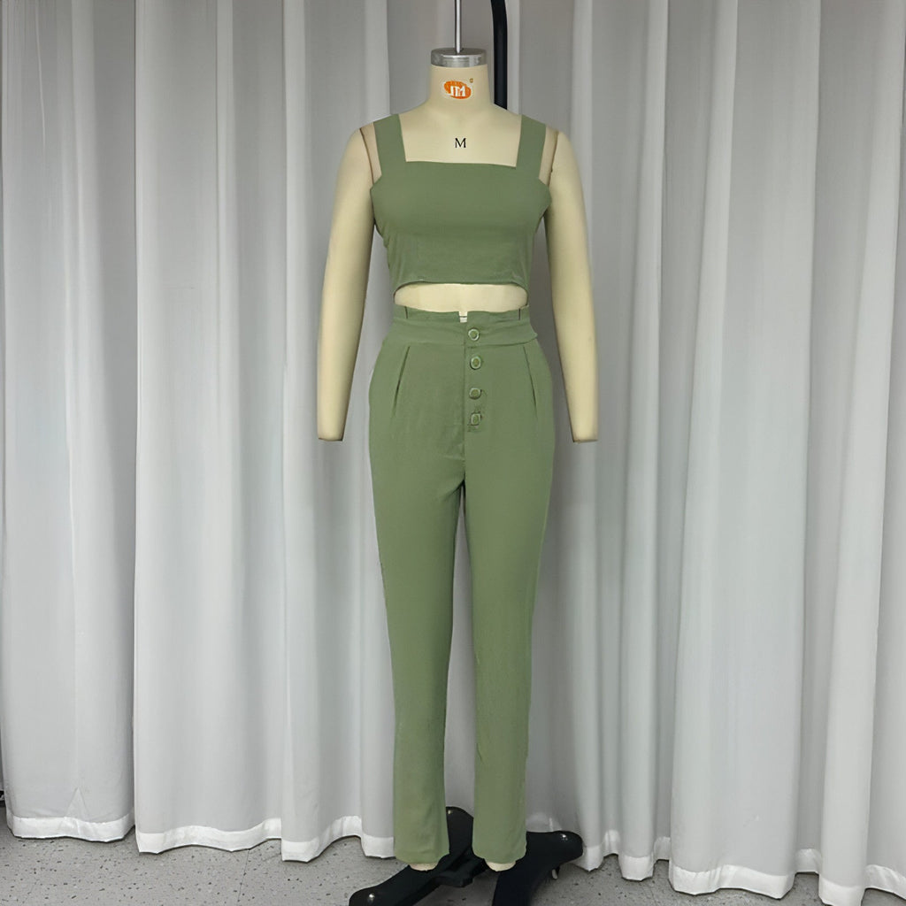 Short Crop-top Spaghetti-strap Top High Waist Trousers Two-piece Set