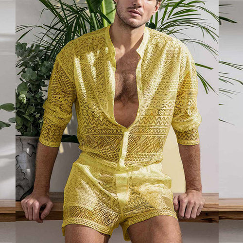 New Arrivals 2022 Men Set Summer Sexy See Through Lace Outfits Beach