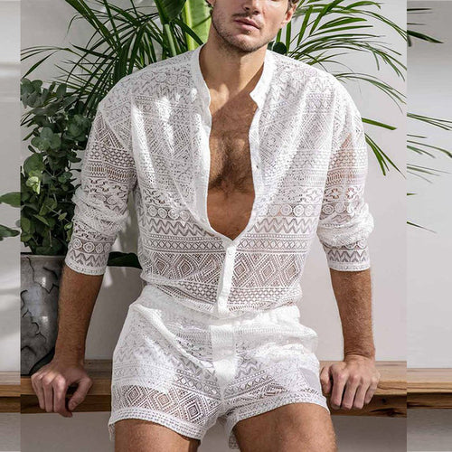 New Arrivals 2022 Men Set Summer Sexy See Through Lace Outfits Beach