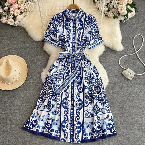 Spring Summer Women Short Sleeve Printed Beach Holiday Dress .Ships
