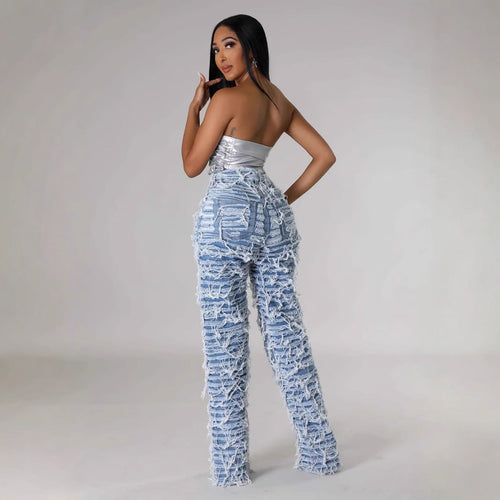 25 Edition – Women’s High Waist Ripped Tassel Denim Pants