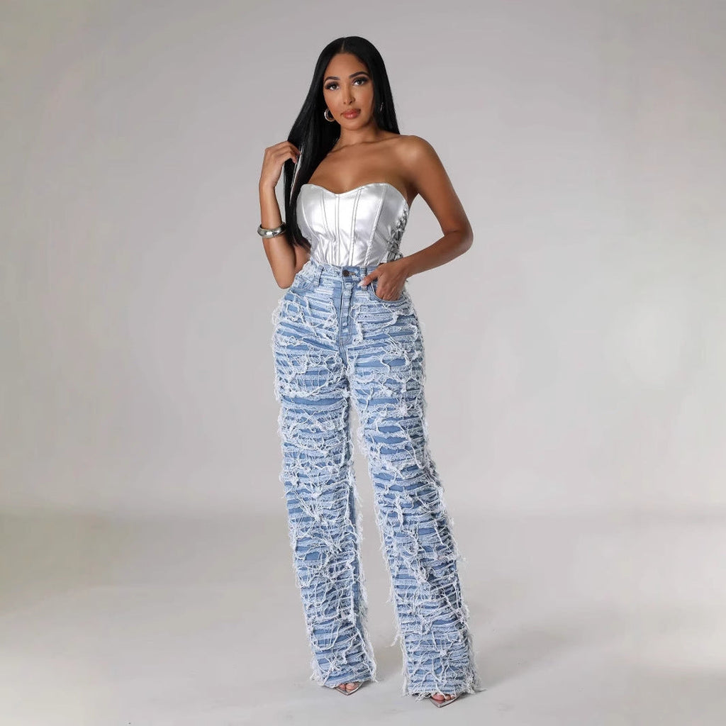 25 Edition – Women’s High Waist Ripped Tassel Denim Pants