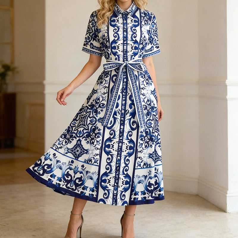 Spring Summer Women Short Sleeve Printed Beach Holiday Dress .Ships