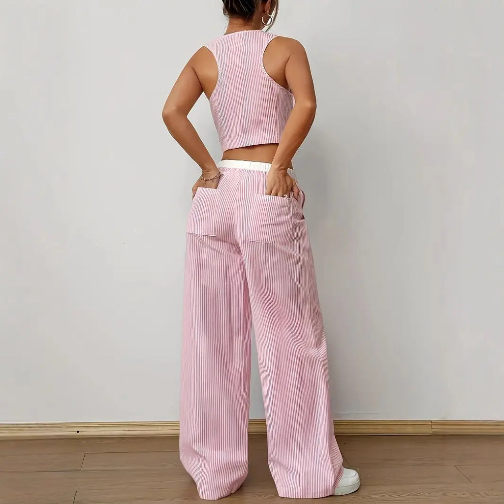 2026 New Elegant Striped Sleeveless V-Neck Vest + Waist Contrast Color Trousers Two-Piece Set Summer Women Sets Fashion Suit Top