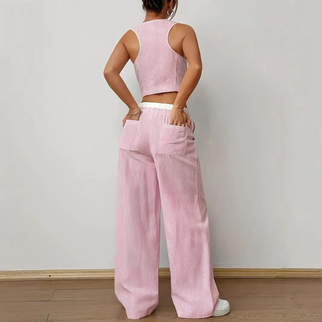 2026 New Elegant Striped Sleeveless V-Neck Vest + Waist Contrast Color Trousers Two-Piece Set Summer Women Sets Fashion Suit Top
