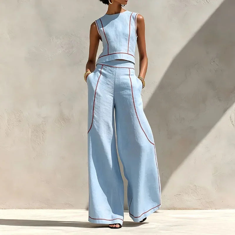Vintage Striped Print Two Piece Suit Women Sleeveless Crop Vest Top Pocket High Waist Wide Leg Pants Sets Elegant Outfits