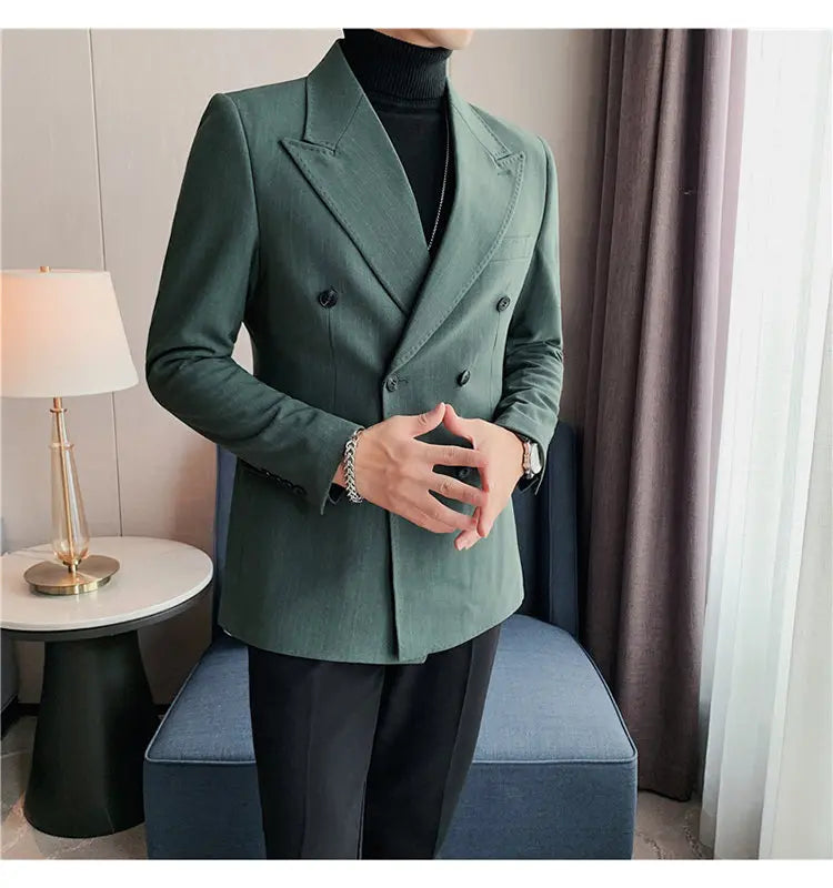 Men Blazer Jackets High Quality Autumn New Double Breasted Men's Striped Blazers Slim Fit Business Formal Wear Suit Coats Male