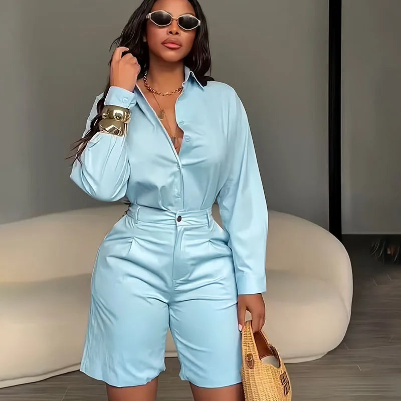 Doyerl Solid Elegant Fashion Two Piece Set Women Clothing Casual Long Sleeve Shirt Top and Shorts Matching Sets Ensembles Femme