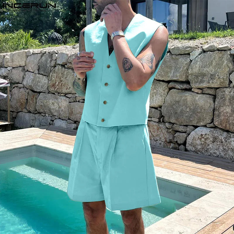 INCERUN Men Sets Solid Color V Neck Sleeveless Crop Vests & Shorts Two
