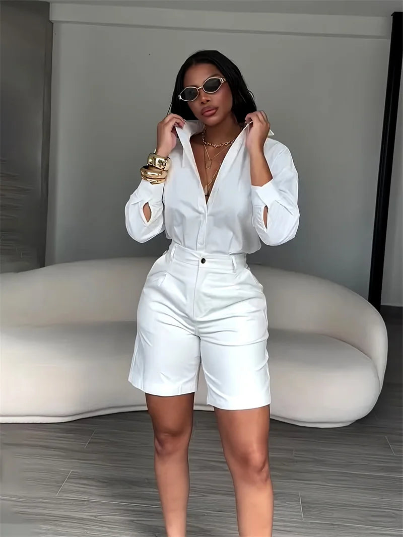 Doyerl Solid Elegant Fashion Two Piece Set Women Clothing Casual Long Sleeve Shirt Top and Shorts Matching Sets Ensembles Femme