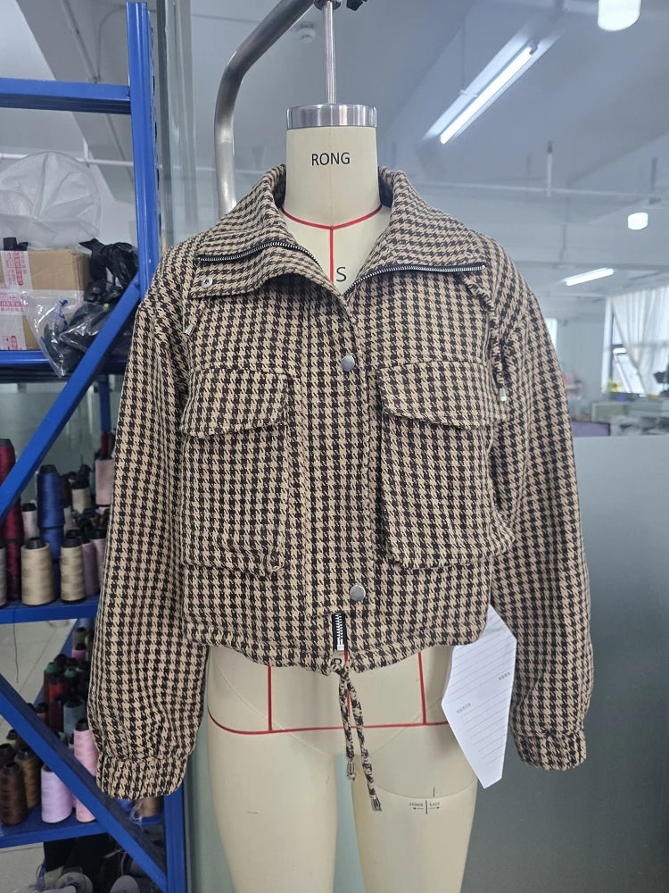 Fall/Winter 2026 New Arrivals: Women's Spring/Fall Casual Houndstooth Cropped Jacket—Fashionable Street Style