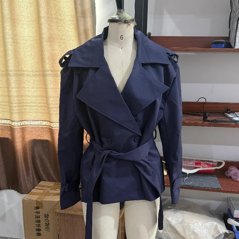 Solid Laepl Lace Up Trench Coat Women Fashion Full Sleeve Waist Cinching Short Windbreak 2026 New Autumn Office Commute Outwear
