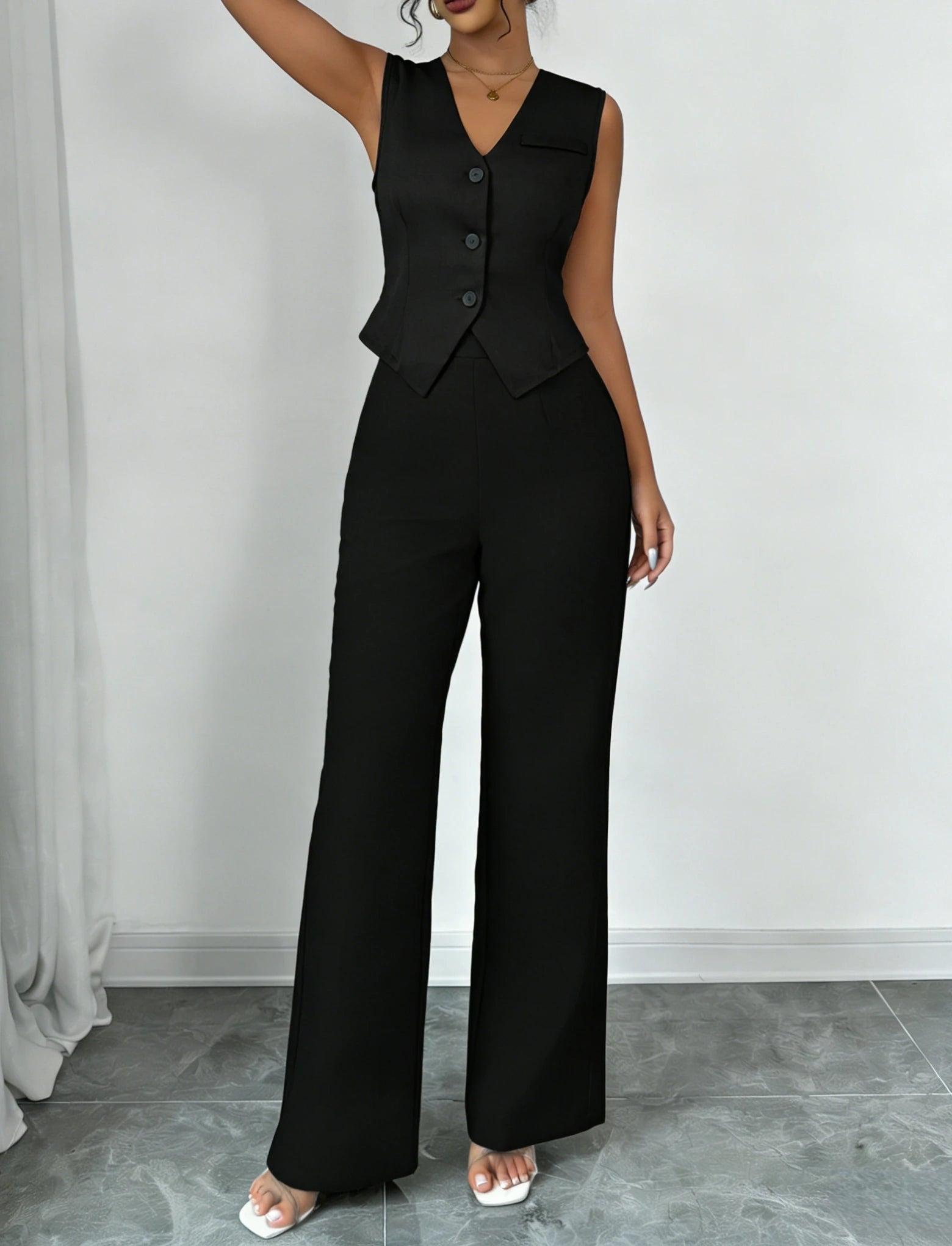 Women's Black Two Piece Outfit Sleeveless V Neck Vest Blazer High