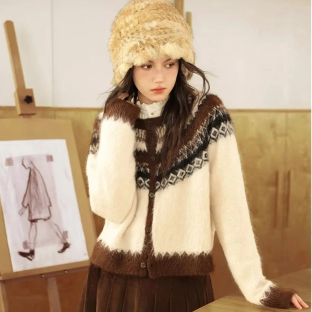 Nordic Style Womens Knitted Cardigan Sweater Alpaca Wool Retro Winter Autumn Color Block Jacquard Long Sleeve Casual Top