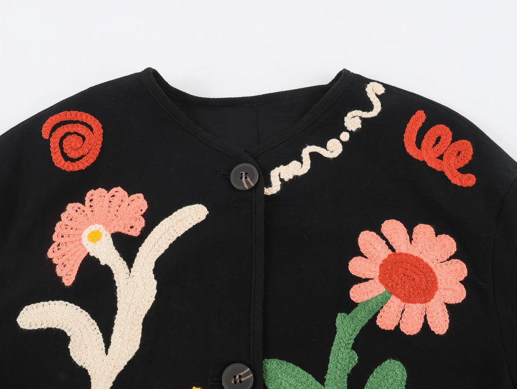 KONDALA Chic 2026 Vintage Autumn Modern Flower Embroidery Jacket Streetwear Pockets Single Breasted Loose Casual Female Outwear