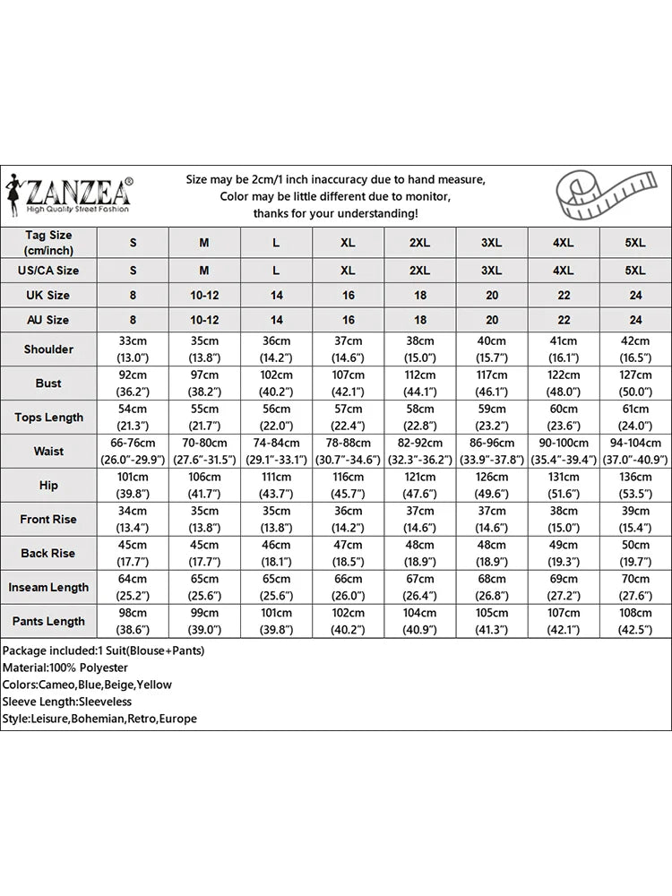 Fashion 2PCS Summer Outfits ZANZEA Sleeveless Embroidery Blouse Pant