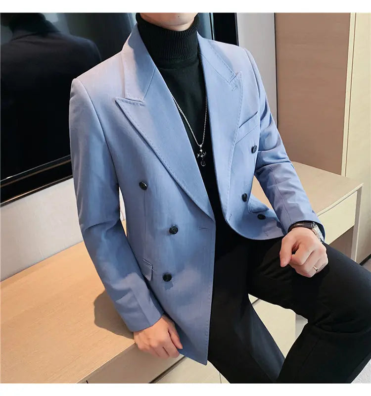 Men Blazer Jackets High Quality Autumn New Double Breasted Men's Striped Blazers Slim Fit Business Formal Wear Suit Coats Male