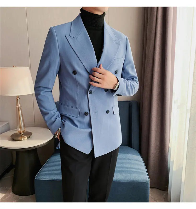 Men Blazer Jackets High Quality Autumn New Double Breasted Men's Striped Blazers Slim Fit Business Formal Wear Suit Coats Male