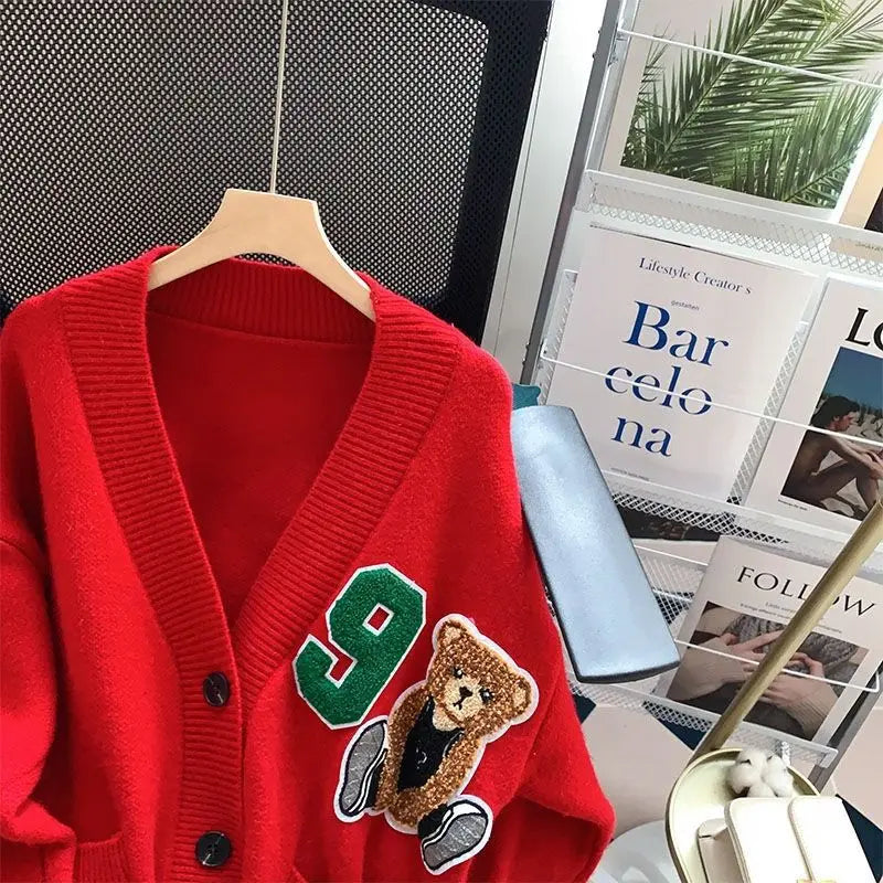 Women Print Button Cardigan Sweaters V Neck Splice Knit Thick Jumpers Casual Loose Long Sleeve Elegant Lady Autumn Winter