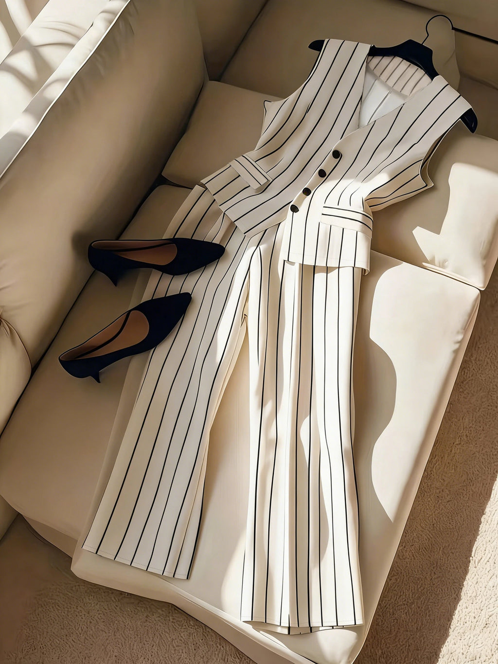 Ladies Elegant Sleeveless Blazer Vest And Wide Leg Pants Set Fashionable Minimalist Top Bottom Ensemble for Women
