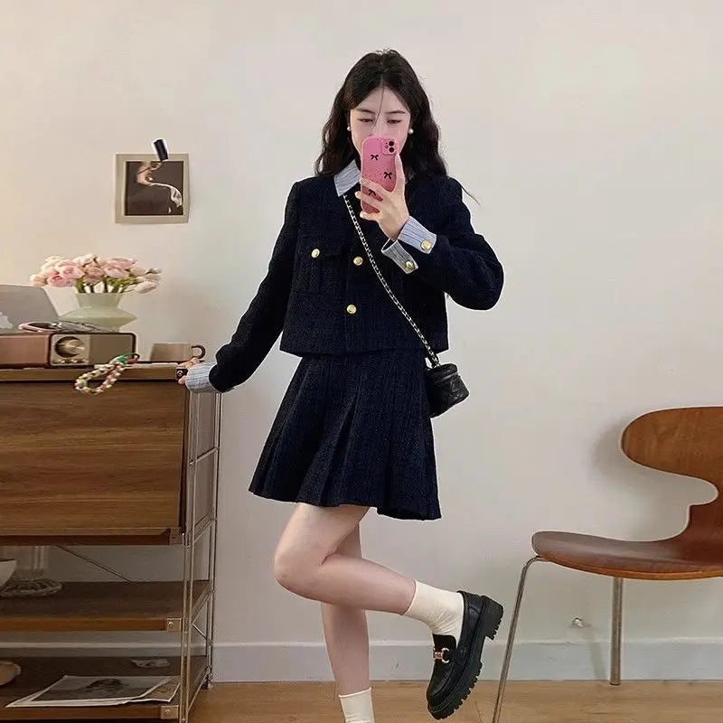 Korean High-End Small Fragrance Style Woolen Skirt Set Women's Autumn Winter Thicken Pleated Short Skirt Two-Piece Set