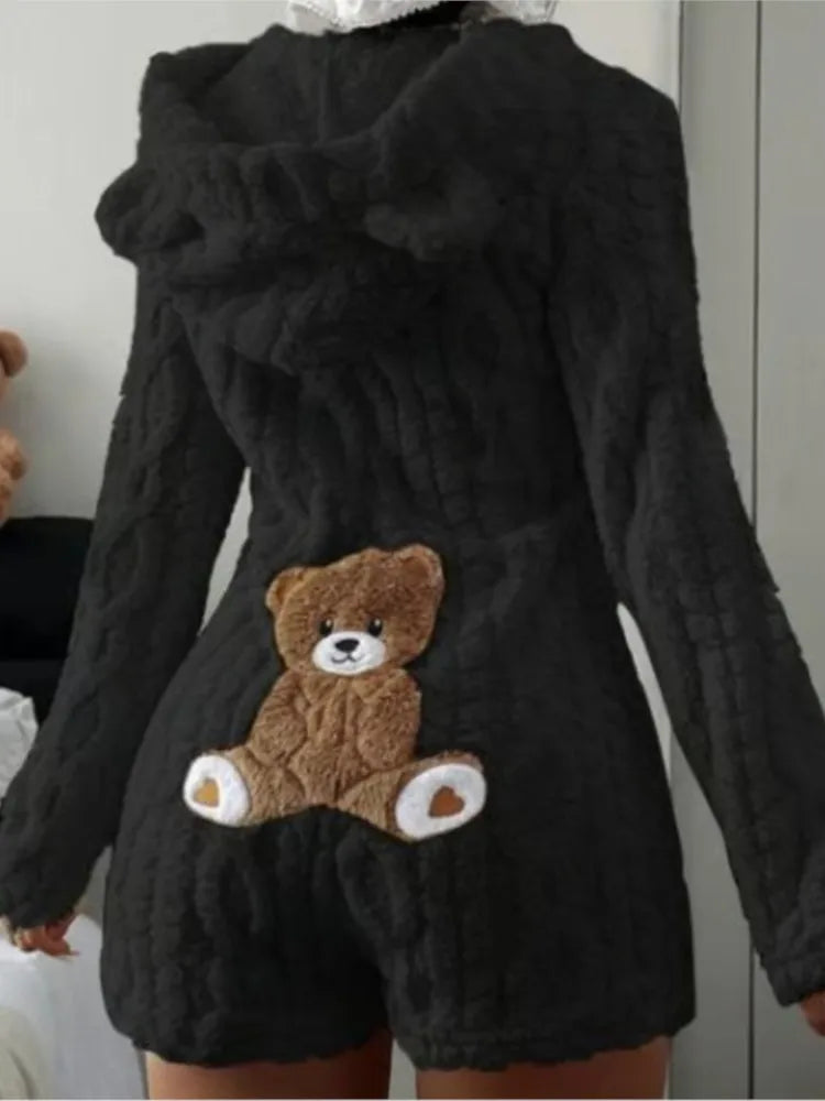 Autumn Winter Plush Hoody Women's Jumpsuit Shorts 2026 New Fashion Embroidered Animal Bear Female Casual Home Wear Plush Rompers