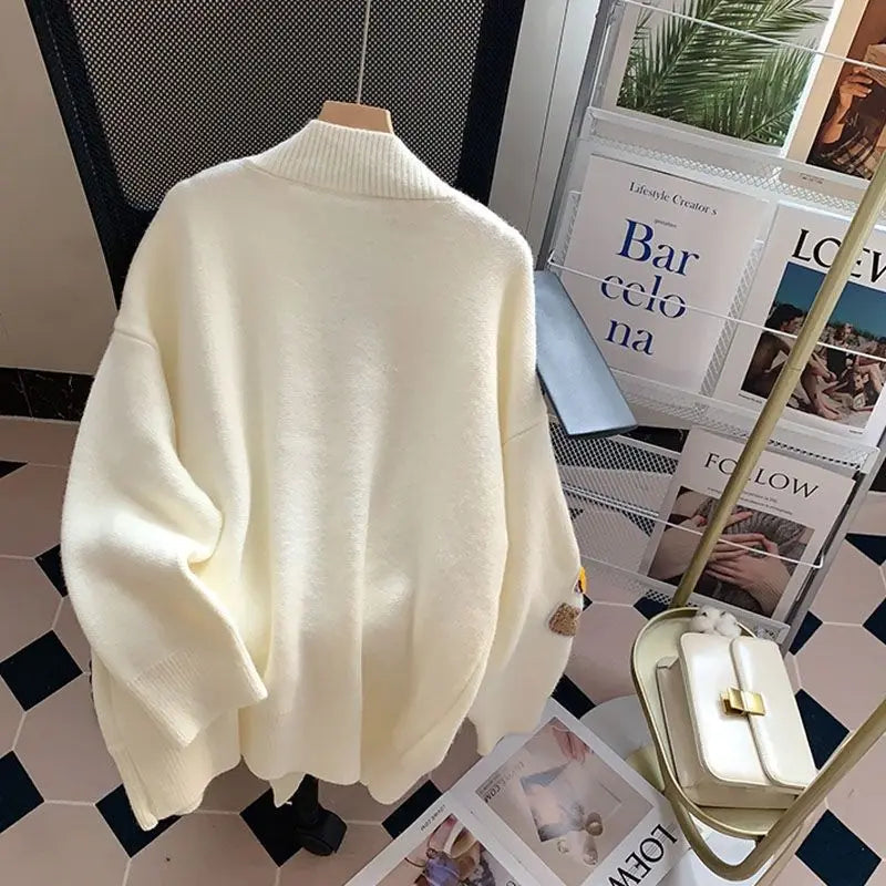 Women Print Button Cardigan Sweaters V Neck Splice Knit Thick Jumpers Casual Loose Long Sleeve Elegant Lady Autumn Winter