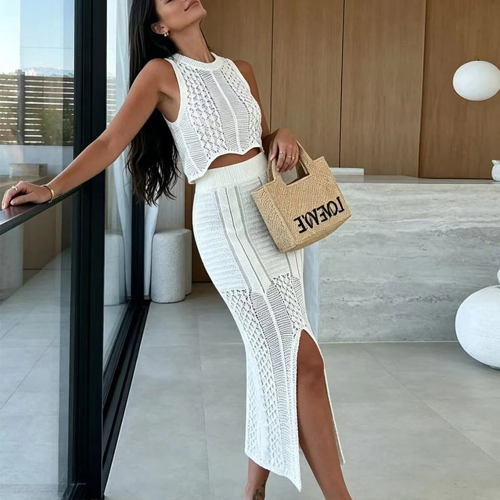 Knitted Sleeveless Top and Split Skirt Set, Beach Vacation Fashion