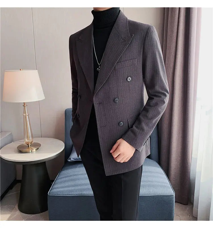 Men Blazer Jackets High Quality Autumn New Double Breasted Men's Striped Blazers Slim Fit Business Formal Wear Suit Coats Male
