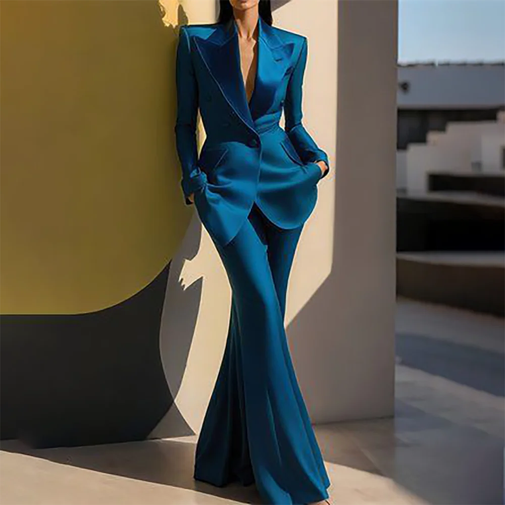 Wedding Guset Suits for Women Elegant Double-breasted Wide Peaked Lapel 2Pieces(Jacket+Pants) Bride Mother Groom Blazer Set
