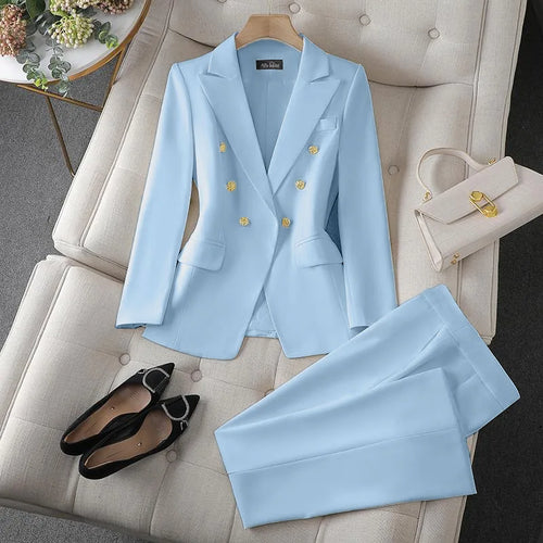 Women's Korean Fashion Two-Piece Set Long Sleeve Blazer And Wide Leg