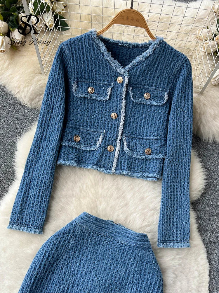 SINGREINY Women Office Lady Denim Suits 2023 Long Sleeves Autumn Blouse+Split Long Skirt Vintage Fashion Jeans Two Pieces Sets
