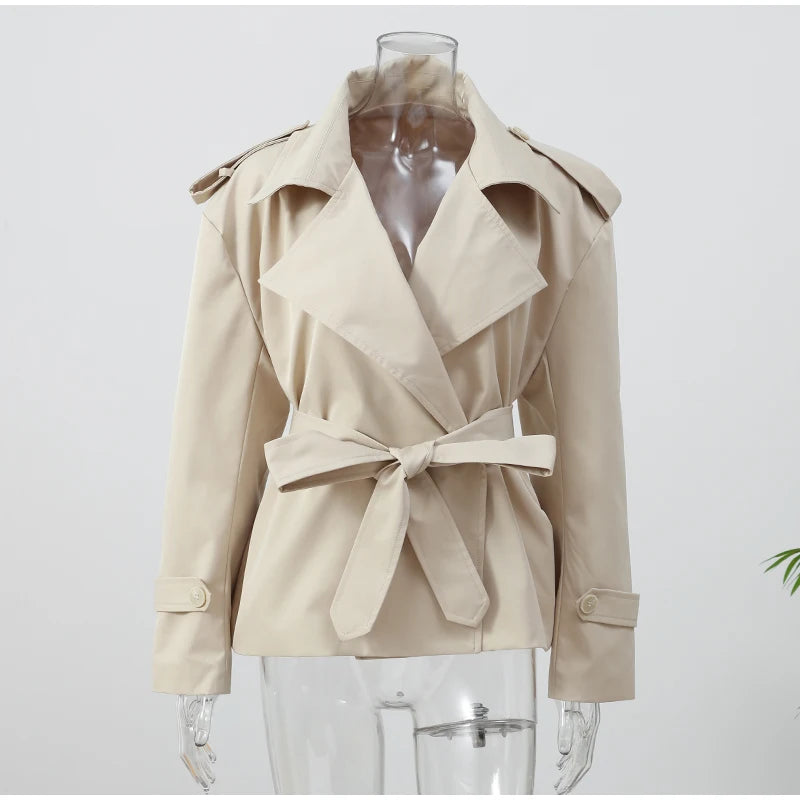 Solid Laepl Lace Up Trench Coat Women Fashion Full Sleeve Waist Cinching Short Windbreak 2026 New Autumn Office Commute Outwear
