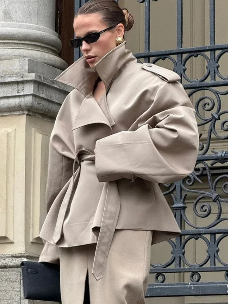 Solid Laepl Lace Up Trench Coat Women Fashion Full Sleeve Waist Cinching Short Windbreak 2026 New Autumn Office Commute Outwear