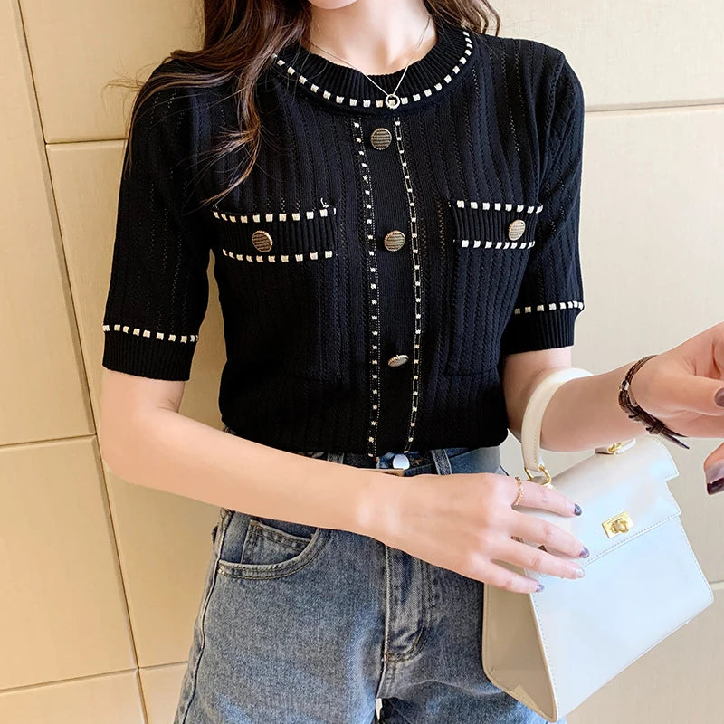 White Tshirt Women Summer 2024 Short Sleeve Top Ladies Pockets Basic T Shirts Knitted Casual Clothes Tee Shirt Femme