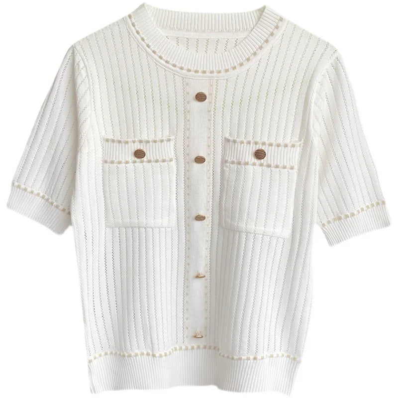 White Tshirt Women Summer 2024 Short Sleeve Top Ladies Pockets Basic T Shirts Knitted Casual Clothes Tee Shirt Femme