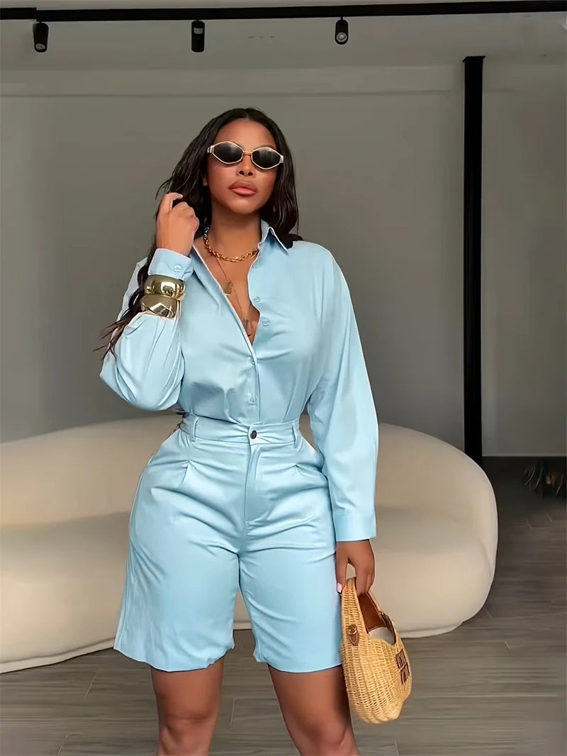 Doyerl Solid Elegant Fashion Two Piece Set Women Clothing Casual Long Sleeve Shirt Top and Shorts Matching Sets Ensembles Femme
