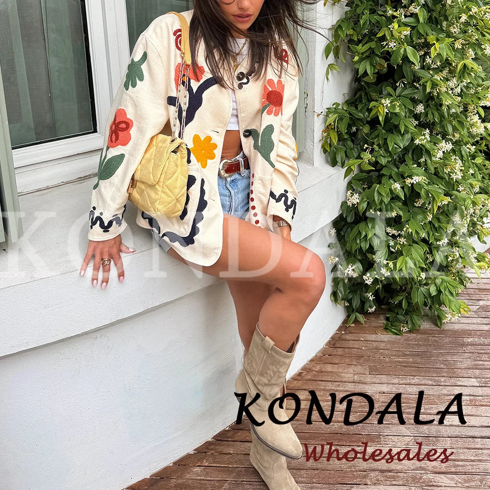 KONDALA Chic 2026 Vintage Autumn Modern Flower Embroidery Jacket Streetwear Pockets Single Breasted Loose Casual Female Outwear