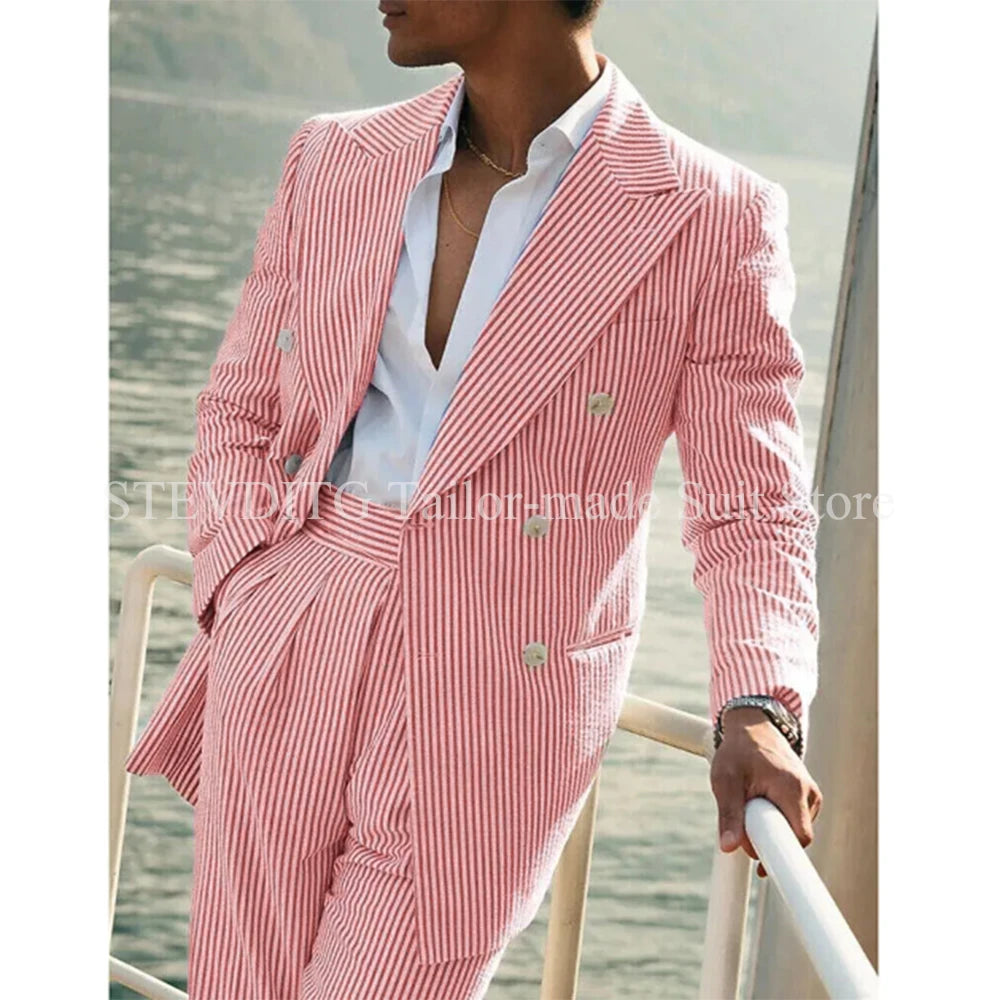 Light Pink Vertical Stripes Suits for Men Two-piece Set Summer Comfortable Linen Cotton Fabric Mens Suit for Casual Beach Party