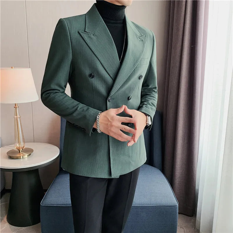 Men Blazer Jackets High Quality Autumn New Double Breasted Men's Striped Blazers Slim Fit Business Formal Wear Suit Coats Male