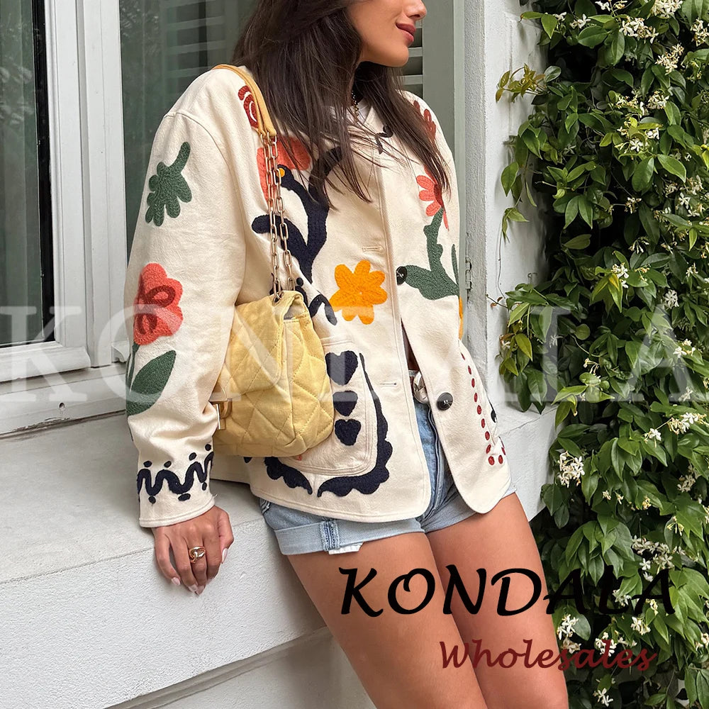 KONDALA Chic 2026 Vintage Autumn Modern Flower Embroidery Jacket Streetwear Pockets Single Breasted Loose Casual Female Outwear