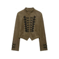 TFMLN 2026 Women Faux Suede Short Jacket Stand Collar Handmade Knot Embroidery Slimming Long Sleeve Outerwear Fashion Retro