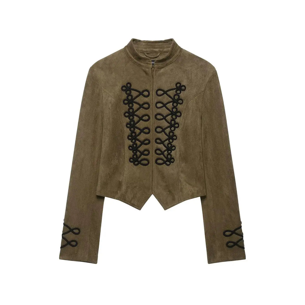 TFMLN 2026 Women Faux Suede Short Jacket Stand Collar Handmade Knot Embroidery Slimming Long Sleeve Outerwear Fashion Retro